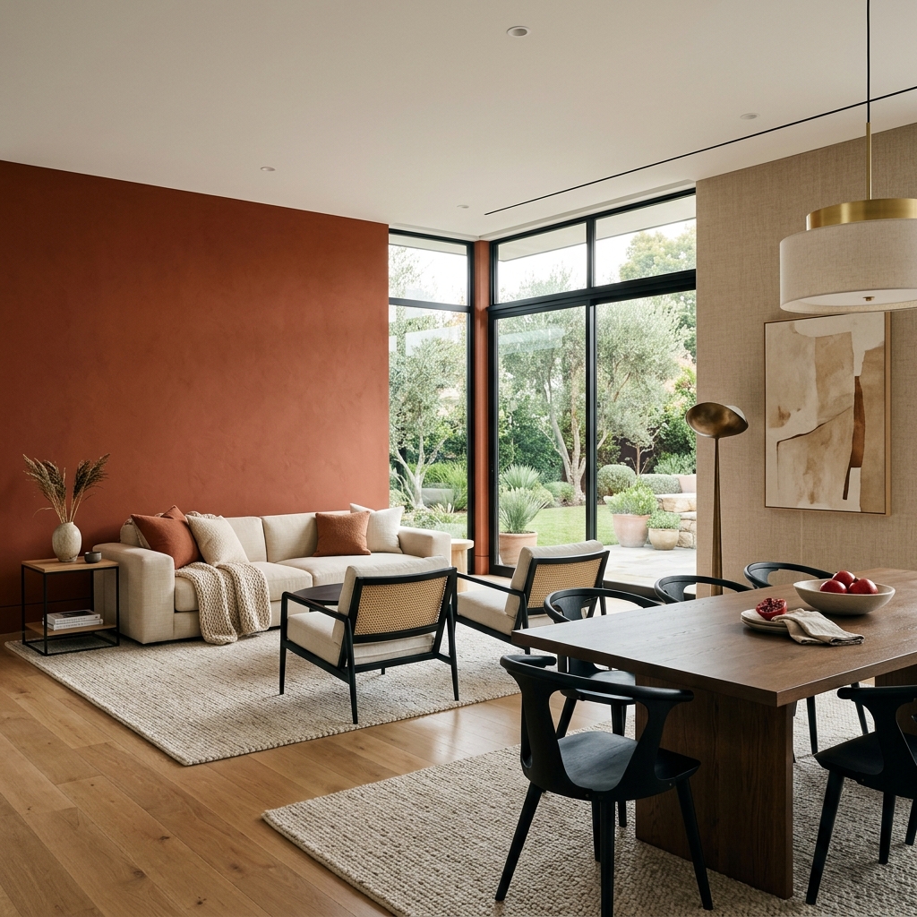 Stunning modern architectural interior design with custom painted terracotta walls