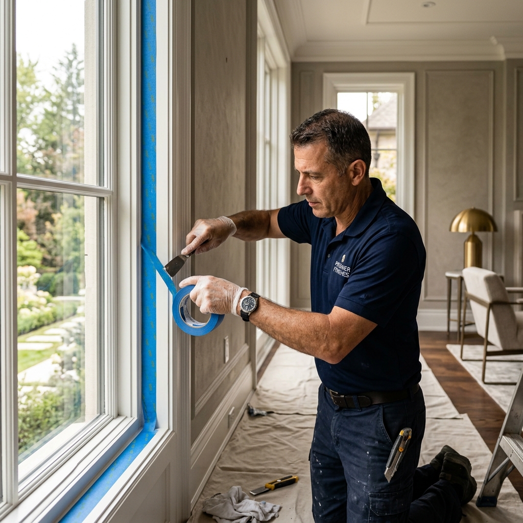 Professional painters preparing a luxury home using blue tape and drop cloths